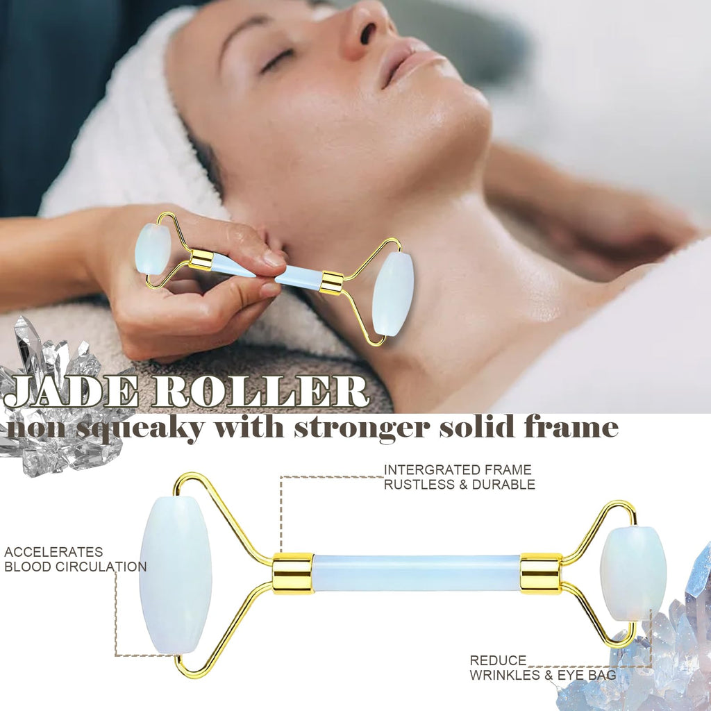 Werncy Jade roller and gua sha, facial roller, women's skincare tool, self-care gift, face, eye, neck massager, relieves fine lines and wrinkles, aventurine, opal, rose quartz