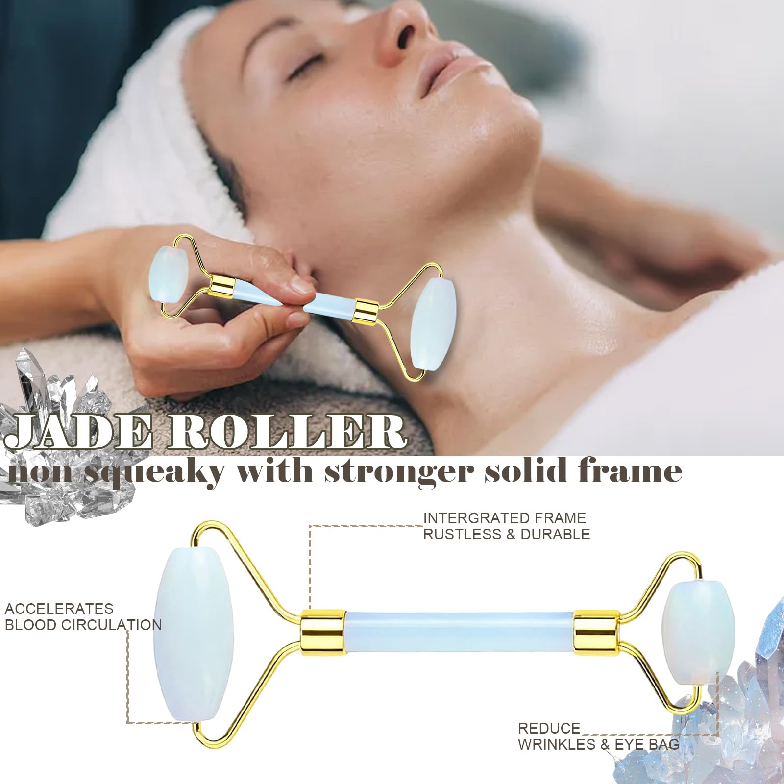 Werncy Jade roller and gua sha, facial roller, women's skincare tool, self-care gift, face, eye, neck massager, relieves fine lines and wrinkles, aventurine, opal, rose quartz
