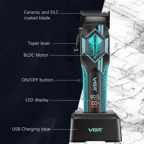 VGR 119 Professional Cordless Hair Clippers for Men, Rechargeable Barber Clippers with Base, Lithium-ion Battery Hair Cutting Machine with BLDC Motor and Ceramic Blades for Home and Barber, Green