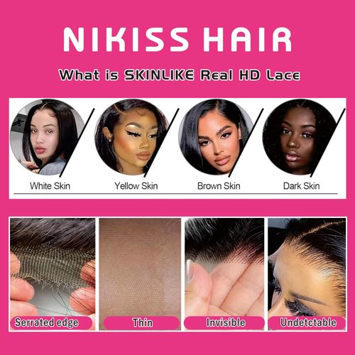 NIKISS 2x6 Skinlike Real HD Lace Closure Only, 0.095mm Ultra-thin Invisible Lace Pre-plucked Body Wave Human Hair Closure Swiss Lace Bleached Knots 16 Inch