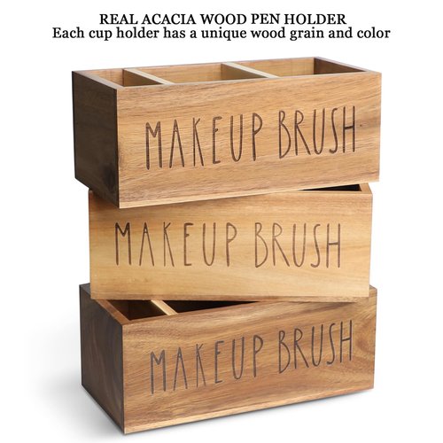 LBEMEY Acacia Wood Makeup Brush Organizer for Vanity,Cosmetic Skincare Organizers, Makeup Organizer with 3 Slots,Organizer Countertop for Cosmetics,Skincare, Brushes, Mascara,Lipstick,Pencils, Brown
