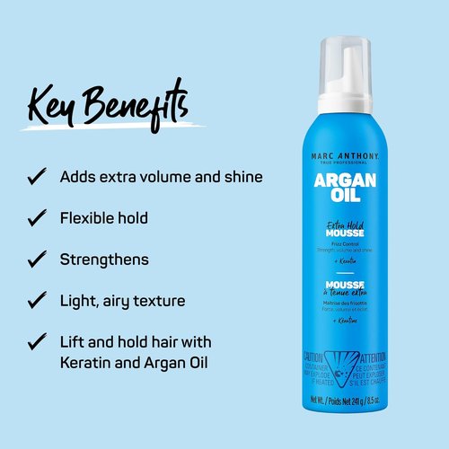 Marc Anthony Volumizing Hair Mousse - Extra Hold, Frizz Control & Shine with Argan Oil | Lightweight for All Hair Types