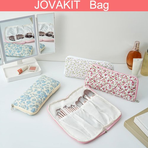 JOVAKIT Quilted Makeup Brush Holder Travel Cosmetic Bag for Women, Floral Coquette Cotton Makeup Brush Case Toiletry Zipper Make Up Pouch, Travel Storage Organizer Pouch (Pink Floral)