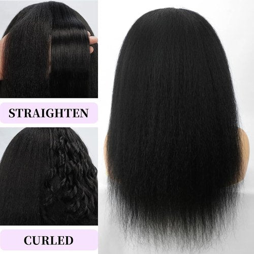 CYIKLI Kinky Straight Headband Wig 16 Inch Human Hair Headband Wigs for Black Women Glueless Yaki Straight Human Hair Headband Wigs Natural Black color