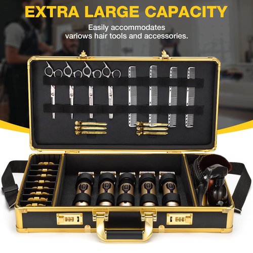 Noverlife Upgraded Large Barber Travel Briefcase, 22x11x5in Portable Barber Carrying Suitcase Salon Case with Code Lock, Gold Barbershop Travel Case Hairdresser Tool Storage Organizer Box for Clipper