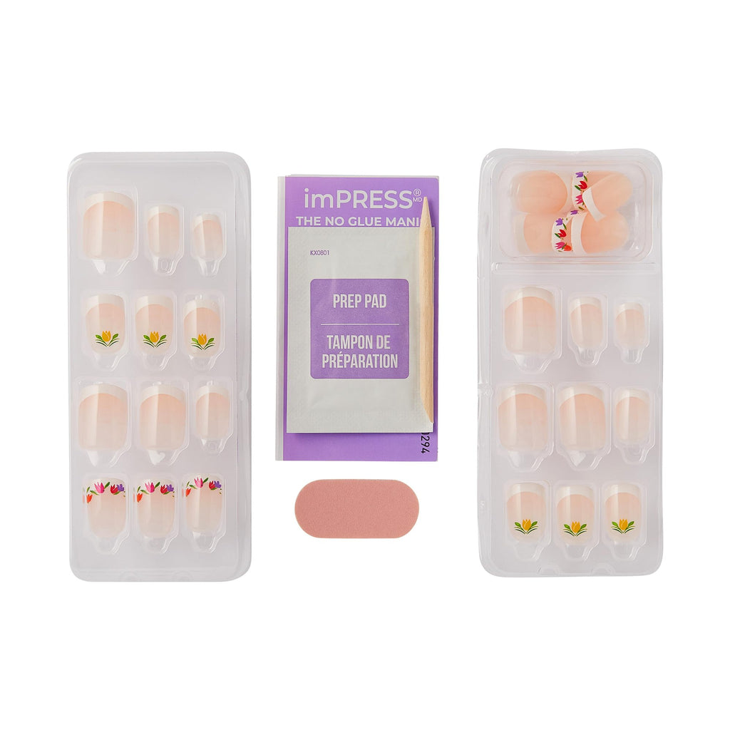 WICKED X imPRESS Press On Nails, New Improved Adhesive, Up To 10 Day Hold, ‘Rainbow of Blooms’, White, Short Squoval, Includes 30 Fake Nails, 1 Prep Pad, 1 Manicure Stick, 1 Mini File