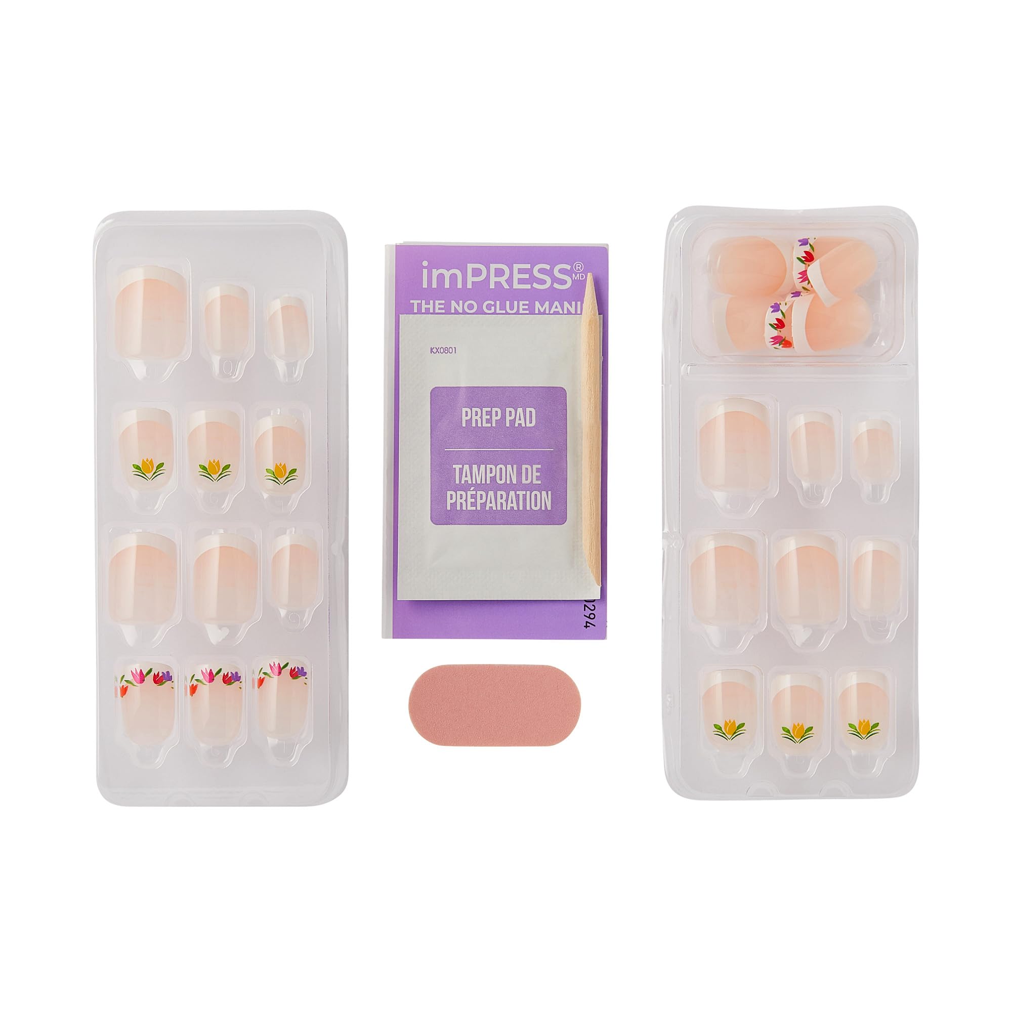 WICKED X imPRESS Press On Nails, New Improved Adhesive, Up To 10 Day Hold, ‘Rainbow of Blooms’, White, Short Squoval, Includes 30 Fake Nails, 1 Prep Pad, 1 Manicure Stick, 1 Mini File