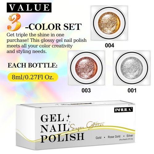 NXJ INFILILA Glitter Gel Nail Polish Set, 3 Colors Gold Silver Rose Gold Reflective Metallic Gel Polish, Holographic Sparkle Long-Lasting Soak Off UV LED Cured Gels for Salon DIY Manicure