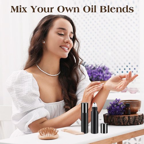 Mirrline 20 Pcs 10ml Roller Bottles Black Frosted Glass Bottle with Stainless Steel Roller Balls & Aluminum Screw Cap for Perfume Essential Oil Lip Gloss, 1 X Opener, 2 X Pipette Droppers