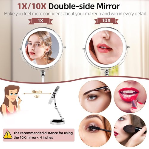 FFowcye 8" Rechargeable Lighted Makeup Mirror with Magnification, Adjustable Height & Brightness 1X/10X Double Side Magnifying Mirror with Light, 3 Color Lighting 360° Rotation Storable Base, Chrome