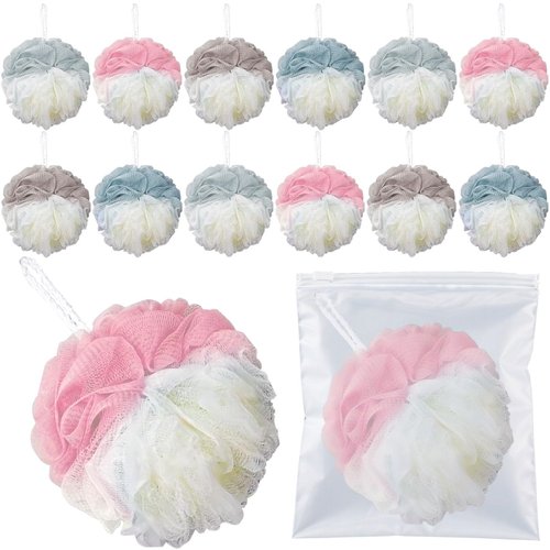 BEAGERUO 12 Pack Travel Size Loofah Individually Wrapped, 30 g Shower Puffs for Body, Mini Bath Sponge Bulk, Multicolor