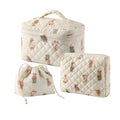 RSRSLEII 3Pcs Aesthetic Cotton Quilted Drawstring Makeup Bag Set, Aesthetic Cute Bow Makeup Pouch for Girls and Women, Aesthetic Travel Organized Cosmetic Bags for Purse(01Bear)
