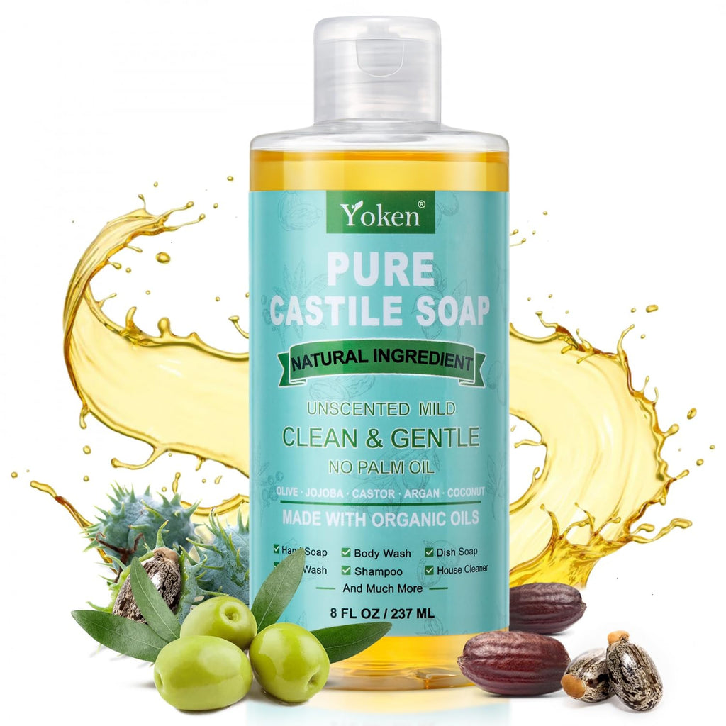 Yoken Pure Castile Liquid Soap Organic (EWG Verified, Unscented, 8 OZ), Made with Organic Oils, No Added Fragrance, Vegan, Castile Soap Liquid for Face, Laundry, Dishes, Sensitive Skin, Travel soaps