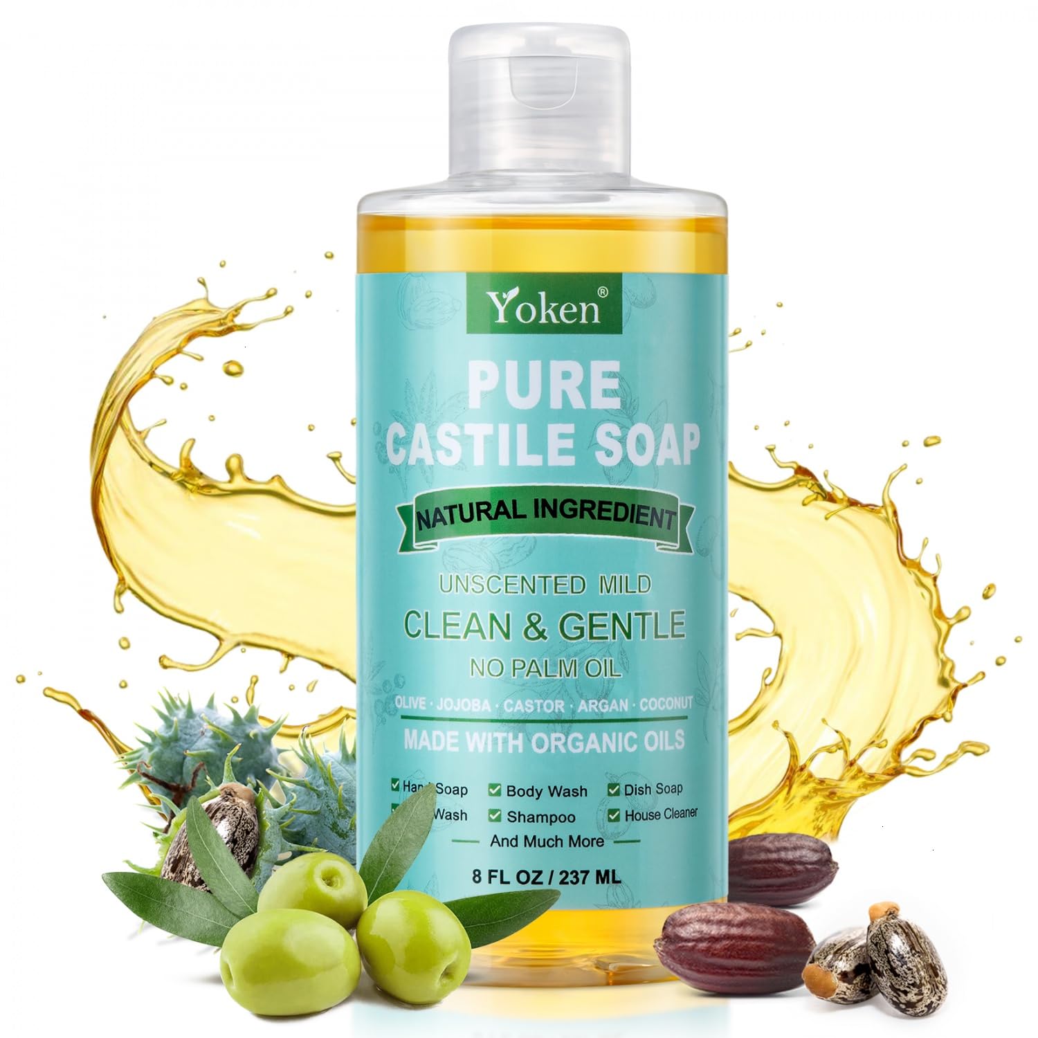 Yoken Pure Castile Liquid Soap Organic (EWG Verified, Unscented, 8 OZ), Made with Organic Oils, No Added Fragrance, Vegan, Castile Soap Liquid for Face, Laundry, Dishes, Sensitive Skin, Travel soaps