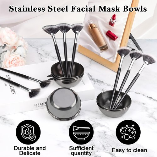 8 Pcs Black Facial Bowl and Brush Set 4 Black Stainless Steel Mixing Bowls 4 Facial Fan Brushes Esthetician Facial Mixing Bowls Esthetician Face Mask Brush for Mud Cream Spa Salon (8 Pcs)