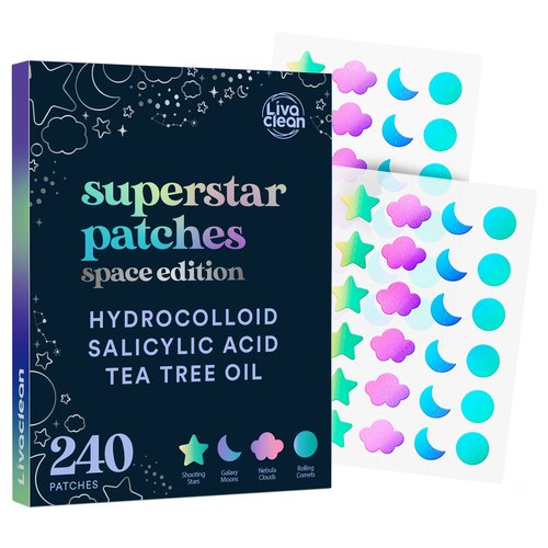 LivaClean 240 CT Holographic Cute Acne Patches - Space Edition w/Salicylic Acid & Tea Tree Oil for Face - Hydrocolloid Star Pimple Patches