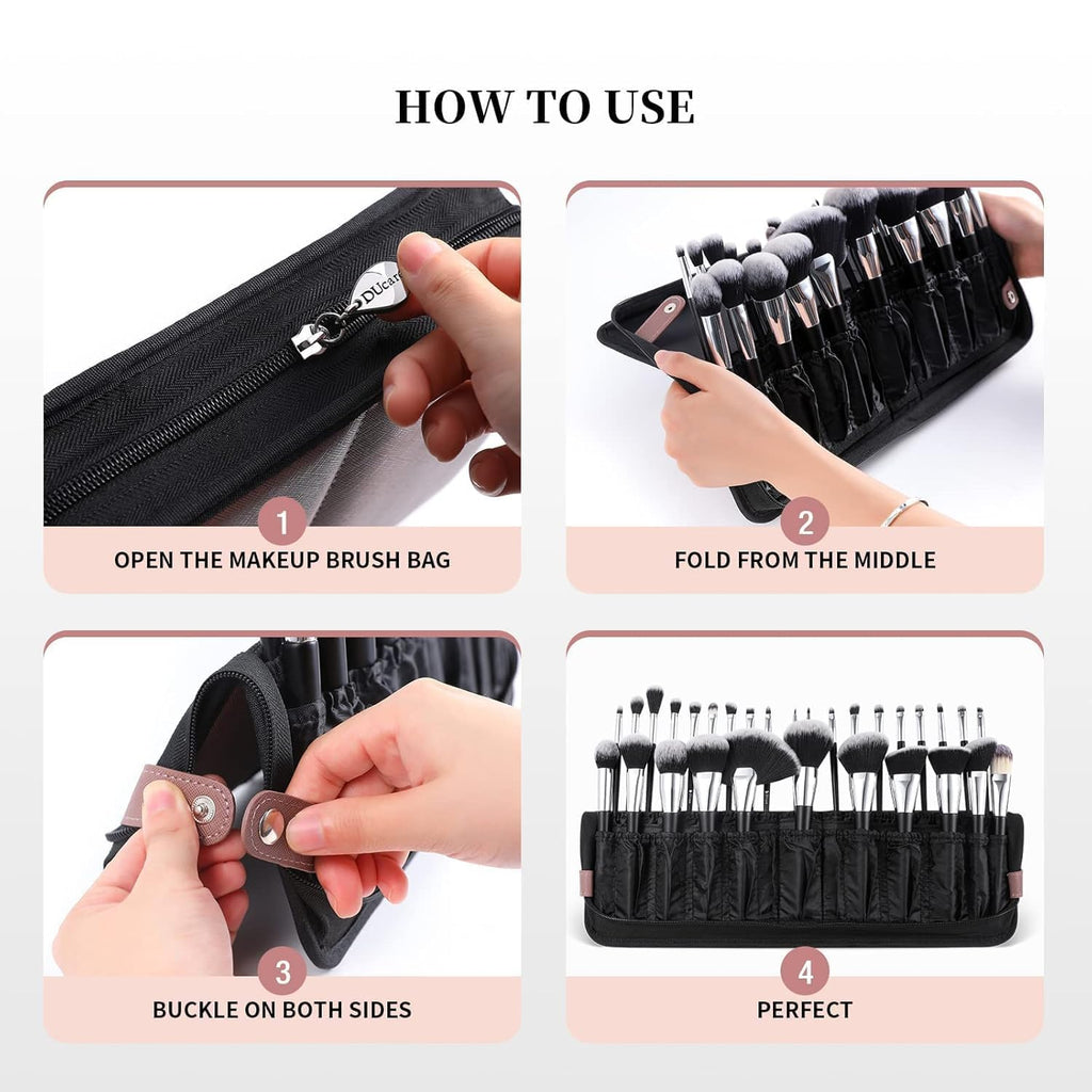 wfljl Professional Makeup Brush Organizer Bag - Leather Travel Case | Portable Cosmetic Bag with Multiple Pockets, Perfect for Makeup Artists & Daily Use to Hold & Protect Brushes Efficiently