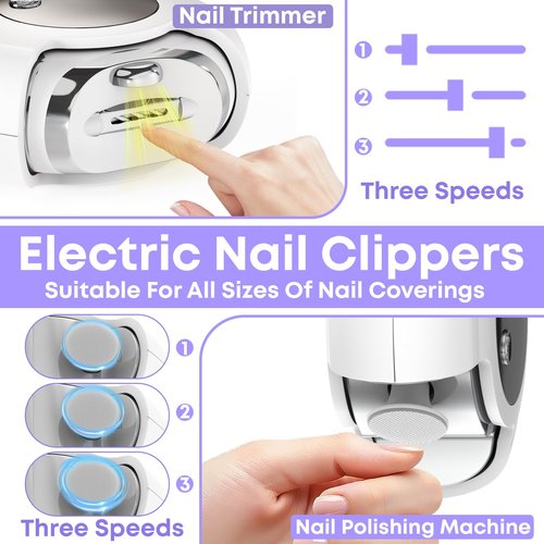 3-in-1 Electric Nail Clipper for Adults & Seniors, 3 Speeds Automatic Nail Clipper & Trimmer with LED Light 360° Rotating Fingernail Clipper with Polisher Rechargeable Electric Nail File