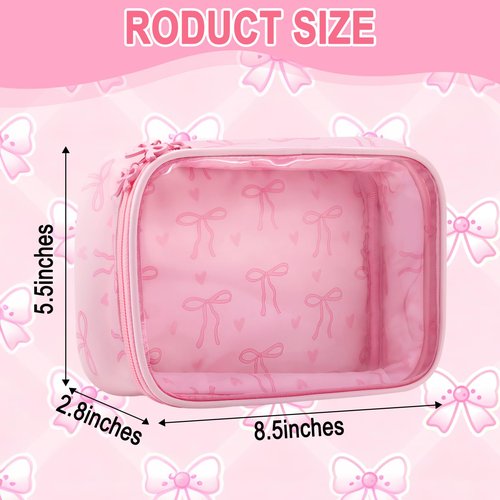URSKYTOUS Clear Bow Makeup Bag for Women Preppy Pink Bow Cosmetic Bag with Zipper Cute Small Pencil Pouch Portable PVC Makeup Pouch for Purse Waterproof Toiletry Bags Cosmetics Storage Organizer