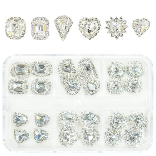 qiipii 24Pcs 3D Alloy Silver Clear Nail Art Rhinestones Luxury Charms for Nails- 3D Alloy Heart Nail Charms, Elegant Silver Nail Crystal Diamonds Stones Studs for Acrylic Nails DIY Crafts Jewelry