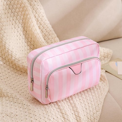 RSRSLEII Waterproof Travel Makeup Bag, Aesthetic Nylon Striped Cosmetic Bag，Coquette Traveling Toiletry Bag With Zipper, Cosmetic Pouch for Women Purse, Ideal for Women and Girls(02 Compartments)