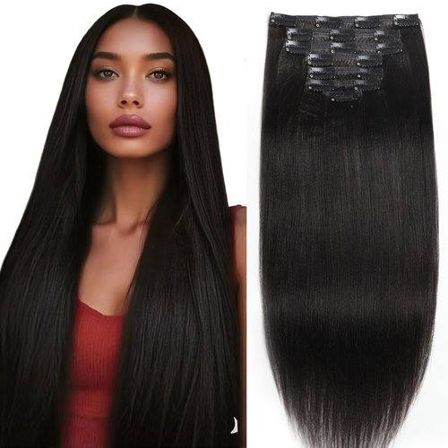 Anrosa Yaki Hair Clip in Yaki Hair Extensions Clip in Human Hair for African American Yaki Straight Clip ins Natural Hair Thick Volume Natural #1B 10 inch 120 Gram