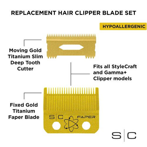 StyleCraft Replacement Fixed Gold Titanium Faper Hair Clipper Blade with Moving Slim Deep Cutter Set