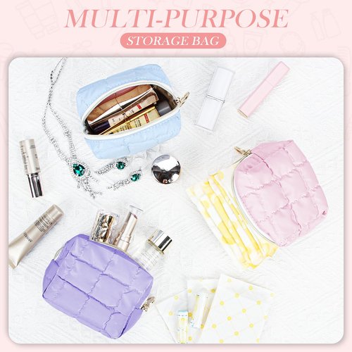 Playexen Puffy Mini Makeup Bag, Cute Quilted Small Cosmetic Bag for Purse, Portable Travel Makeup Pouch for Lipsticks, Chapsticks, Earphone, Credit Card, Birthday/Wedding/Christmas Gifts (Blue)