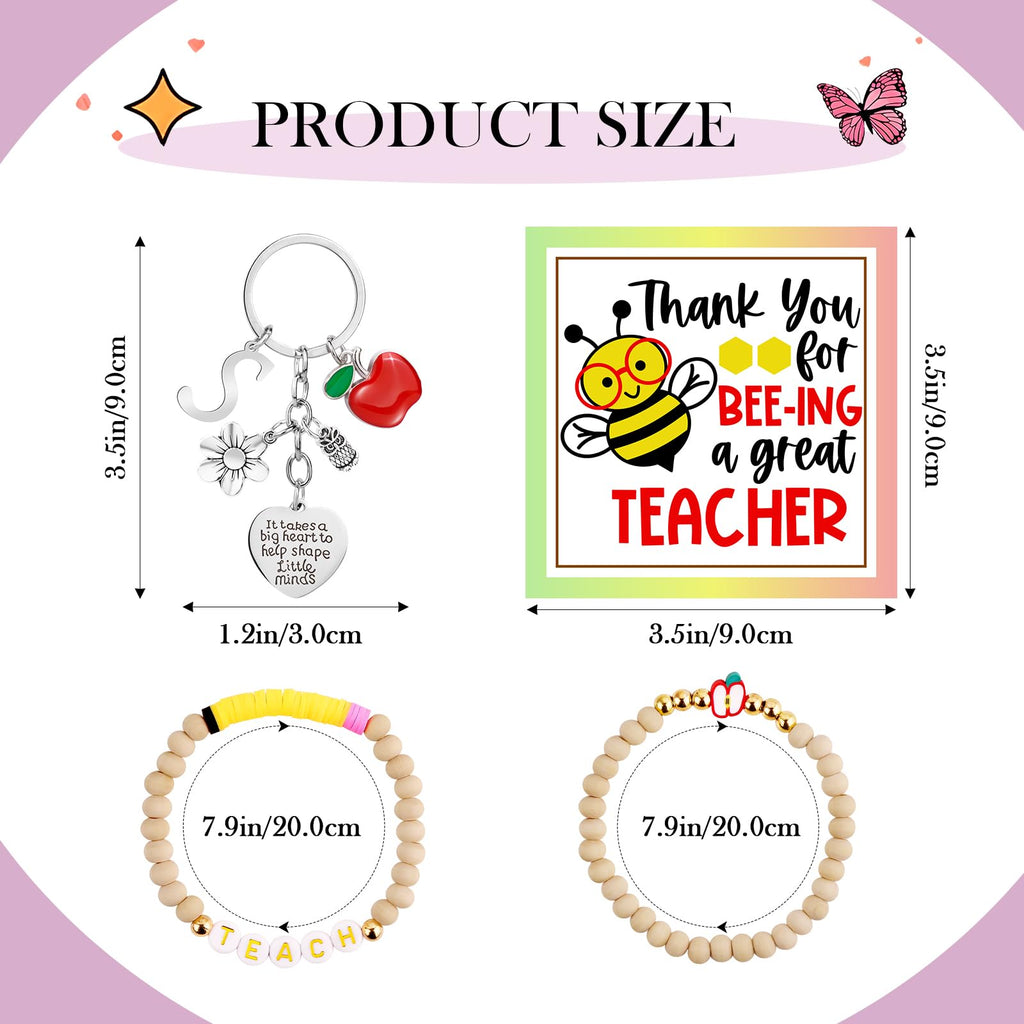 WINOWIMO Personalized Teacher Appreciation Gifts for Women, Thank You Graduation Gifts with Teacher Makeup Bag, Initial Cute Keychain, Teach Bracelets and Thank You Card (S)