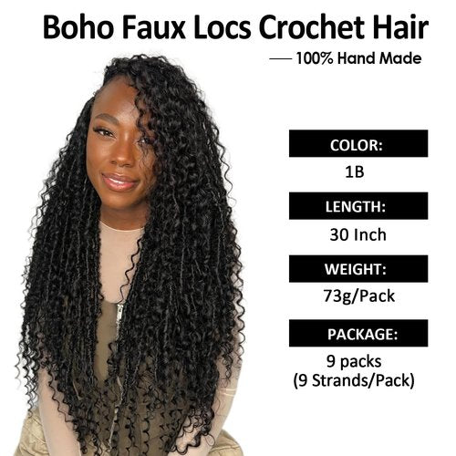 9 packs Boho Faux Locs Crochet Hair, 30 Inch, Natural Black Pre Looped Goddess Soft Locs Crochet Hair with Curly Ends, Bohemian River Locs for Black Women(1B#, 30 Inch)