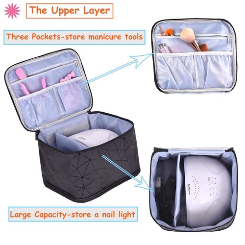 CTWWFS PU Leather Nail Polish Organizer and Nail Lamp Case, Nail Kit Organizer Holds 30+ Bottles (15ml - 0.5 fl.oz) and a Nail Lamp, Nail Polish Carrying Case with Manicure Tools Storage Sections