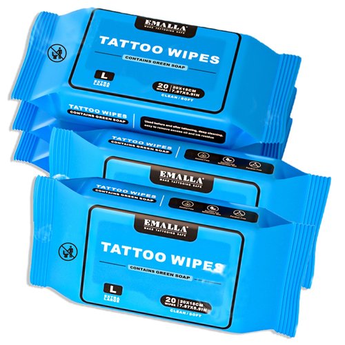 Emalla Green Soap Tattoo Wipes, 100 Count L All in One Premium Cleaning Wipes to Clean Skin During Tattooing and Aftercare 7.87"x5.9" Natural Formula Tattoo Supplies (5 Pack)
