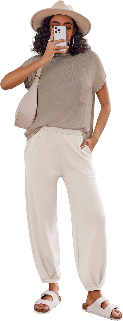 Ekouaer Two-Piece Lounge Set - Cozy Knit Sweater Top & Jogger Pants | Perfect for Relaxing
