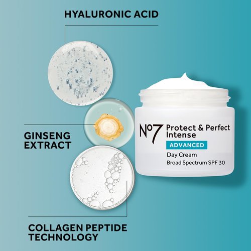 No7 Protect & Perfect Intense Advanced Fragrance-Free Day Cream SPF 30 - Anti-Aging Facial Moisturizer with Anti-Wrinkle Technology - Hydrating Hyaluronic Acid Cream for Radiant Youthful Skin (50ml)