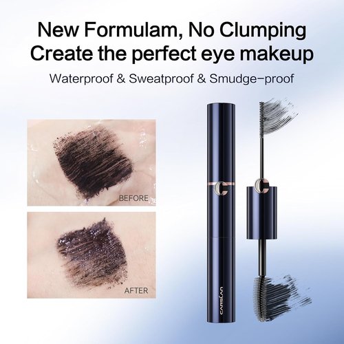 CARSLAN Curling Mascara - Dual Brush Design for Lengthening & Volume | Quick-Dry, Smudge-Proof, Black, 0.18 Fl Oz