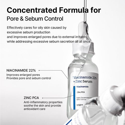 opigen Niacinamide 22% + Zinc Serum for Face, Pore Reducer, Diminishes Acne Prone, Skin Balancing Pore Reducing, Korean Skin Care, 1oz