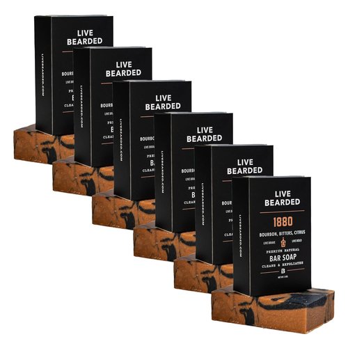 Live Bearded All-Natural Bar Soap for Men - Exfoliating & Moisturizing 6-Pack | Charcoal, Pumice, Shea Butter - 5 oz Each - 1880 Bourbon Scent