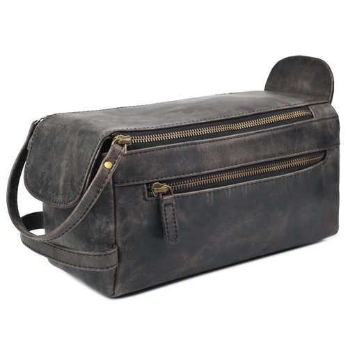Full Grain Leather Toiletry Bag for Men & Women – Water-Resistant Travel Shaving Kit Organizer with YKK Zipper, Spacious Bathroom Grooming & Cosmetic Storage Case - Chalkboard Grey