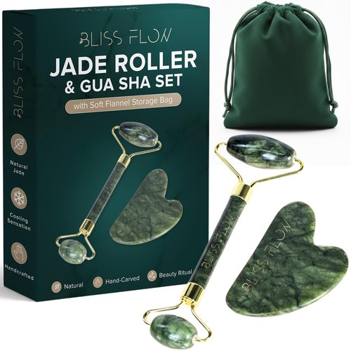 BlissFlow Jade Roller & Gua Sha Set – Natural Jade Face Roller for Puffiness, Wrinkles & Lifting – Cooling Facial Massage Tool for Glowing Skin, Stress Relief & Skincare Absorption