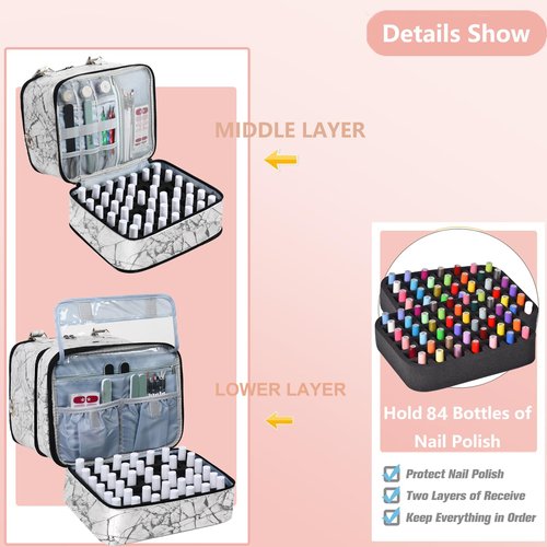 FCQQYWZ Large Nail Polish Organizer Case Hold 84+ Bottles Nail Polish & Nail Lamp, 3 Layers Nail Organizers and Storage for Nail Tech with Divider, Travel Carrying Case for Nail Polish Kit Set(White)