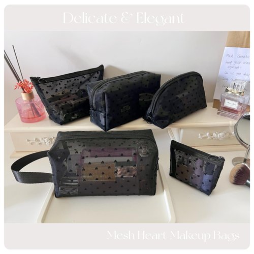 5 Pieces Zipper Mesh Cosmetic Bags Set, Mesh Heart Makeup Bags Toiletry Bags, Portable Travel Makeup Bags for Women, Small Items Storage Organizer Bags for Travelling (Black)