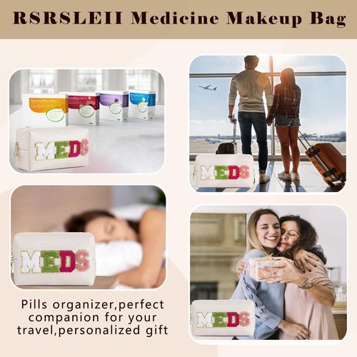 RSRSLEII Cute Chenille Letter Patch Medicine Makeup Bag, PU Leather Waterproof MEDS Cosmetic Bag with Zipper, Travel Toiletry MEDS Pouch, Daily Use Portable Organizer Makeup Bag (01Beige Bag)