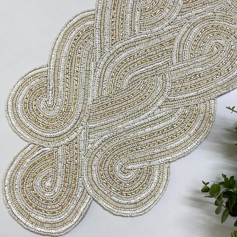 Pearl White Handmade Beaded Table Runner 13x36 Inch for Holiday & Party Decor