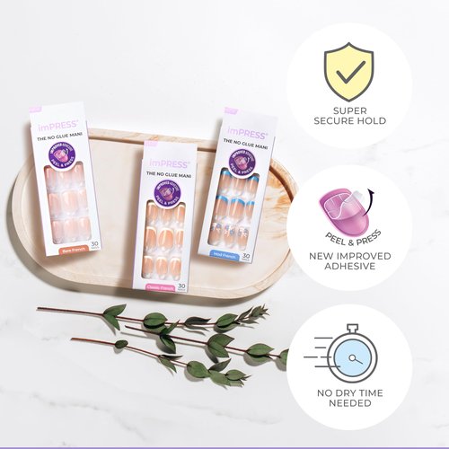 KISS imPRESS No Glue Mani Press On Nails, French, 'Heroic', Light Neutral + White Tip French, Short Size, Squoval Shape, Includes 30 Nails, Prep Pad, Instructions Sheet, 1 Manicure Stick, 1 Mini File
