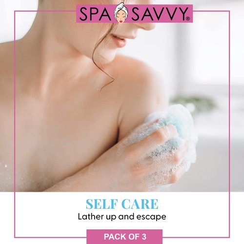 Spa Savvy Bath Loofah Set, 3 Pack Shower Pouf Body Sponges with Suction Cups, Exfoliating Bath Accessories for Men and Women, Multicolor