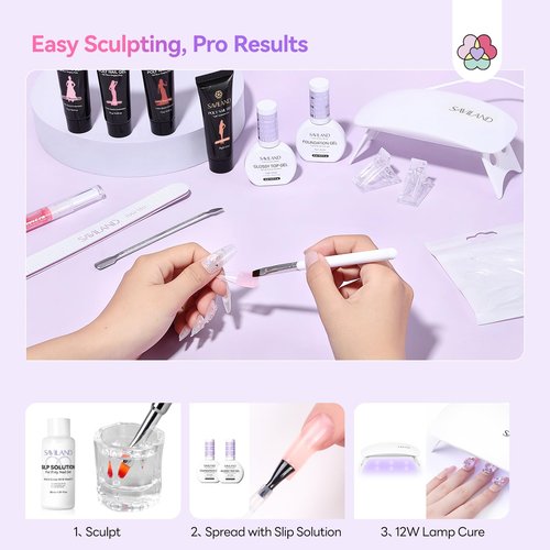 SAVILAND Hema-Free Poly Extension Gel Nail Kit: 15 Colors Poly Gel kit for 4 Weeks Lasting, Natural-Looking Poly Gel Clear White Pink Nude with Slip Solution U V Lamp Suitable for All Seasons Art DIY