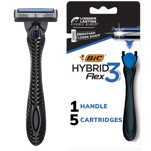 BIC Flex 3 Hybrid Disposable Razors for Men, Long-lasting 3-Blade Razors With Slim Head for Precision Shaving, 1 Handle and 5 Cartridges, 6 Piece Shaving Kit