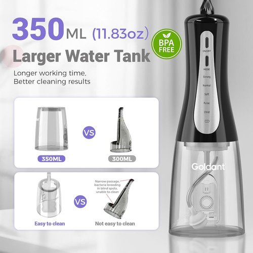 Skiennix 350ML Water Flosser - Cordless & Rechargeable, 5 Modes, 360° Nozzle, IPX7 Waterproof | Portable for Home & Travel (Black)