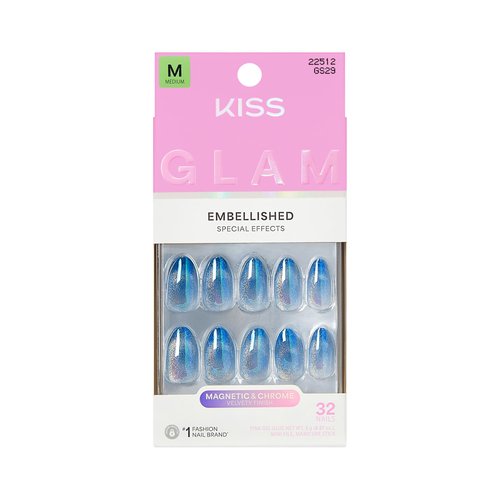 KISS GLAM, Press On Nails, Nail glue included, 'Glow Forever', Blue, Medium Size, Almond Shape, Includes 32 Nails, 2g Glue, 1 Manicure Stick, 1 Mini File