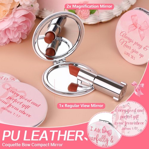 12 Pcs Pink Bow Coquette Mini Compact Mirrors Inspirational Christian Gifts Bulk for Women Portable Round Bible Verse Pocket Makeup Mirror Religious Gifts for Women Office School Church Party Favor